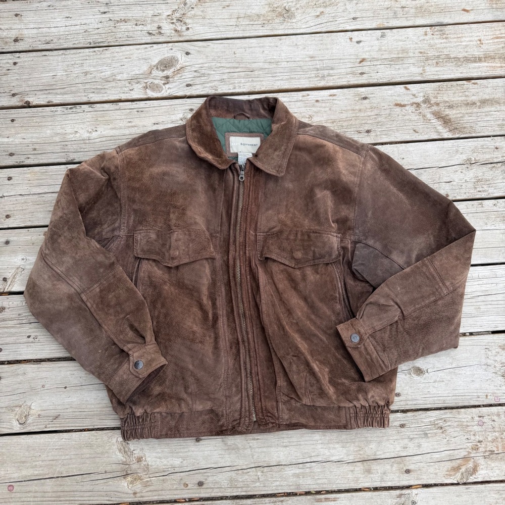 Basic Equipment Suede Leather Bomber Jacket Mens Large Brown Vintage Zip Up